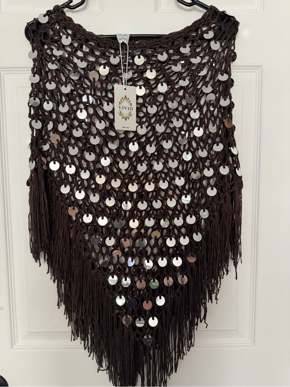 Y2k vintage Brown Sequin Crochet Fringe Scarf